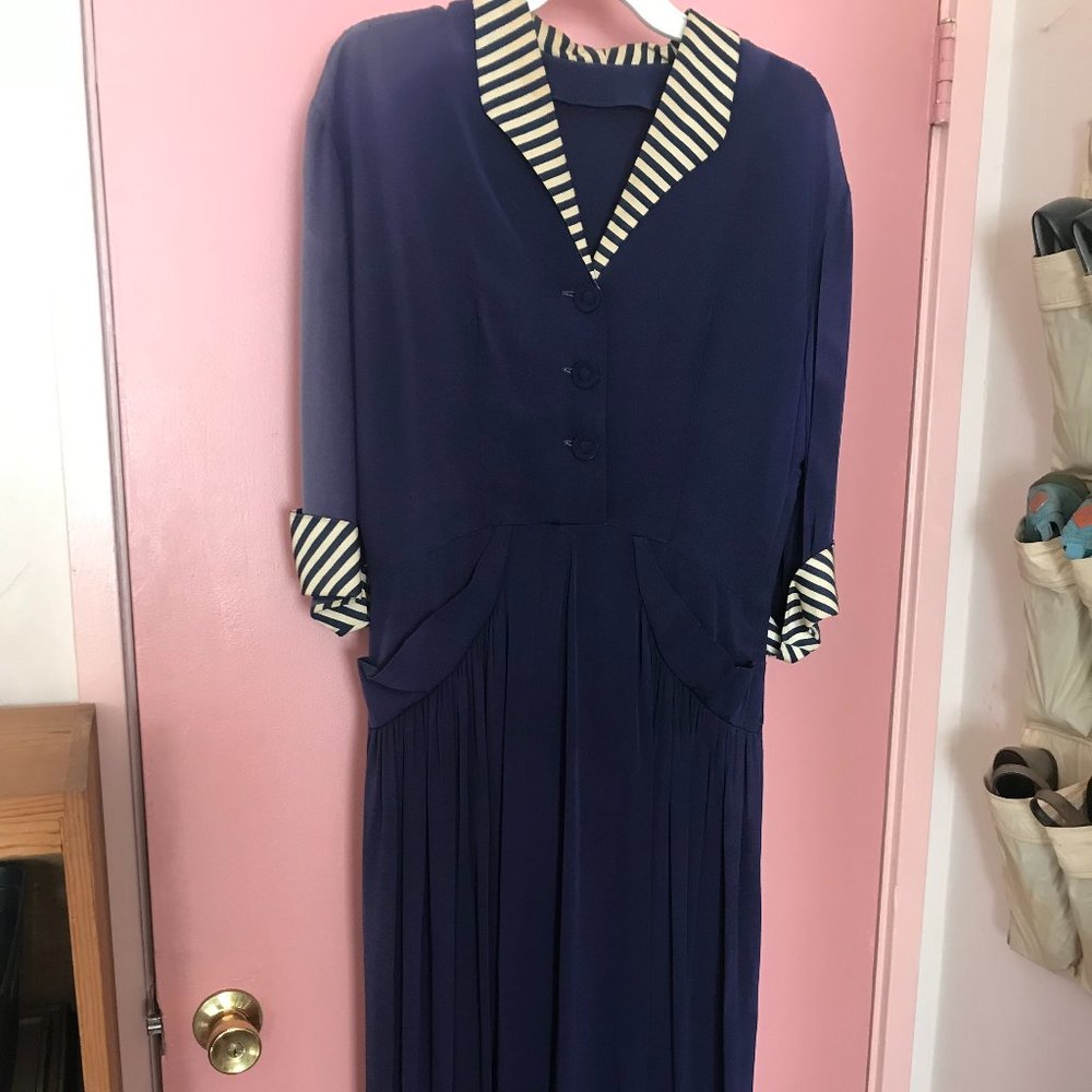 Vintage Navy Dress with Striped Collar & Cuffs